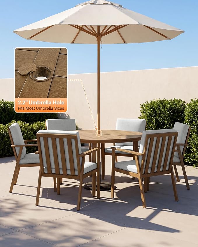 7 Pieces Teak Round Outdoor Dining Table Set, 51" Round Dining Table with 6 Dining Chairs, Never-Rust Aluminum Patio Furniture Set, Outdoor Round Dining Set w/Umbrella Hole for Garden, Indoor