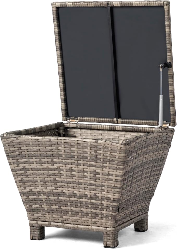 Outdoor PE Wicker Side Table with Storage, 13 Gallon Patio Storage Bin Container for Hose Cushion Towel, Gradient Rattan End Table for Backyard Garden Deck, 112 lbs Capacity, Gray