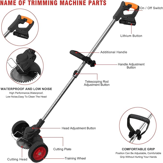 ALSO GO 24V Electric Weed Wacker, Cordless Grass Trimmer, 3 in 1 Weed Trimmer with 2 * 2000mah Batteries & Charger, Battery Powered Weed Eater/Brush Cutter/Edger with Wheels for Garden, Yard Lawn