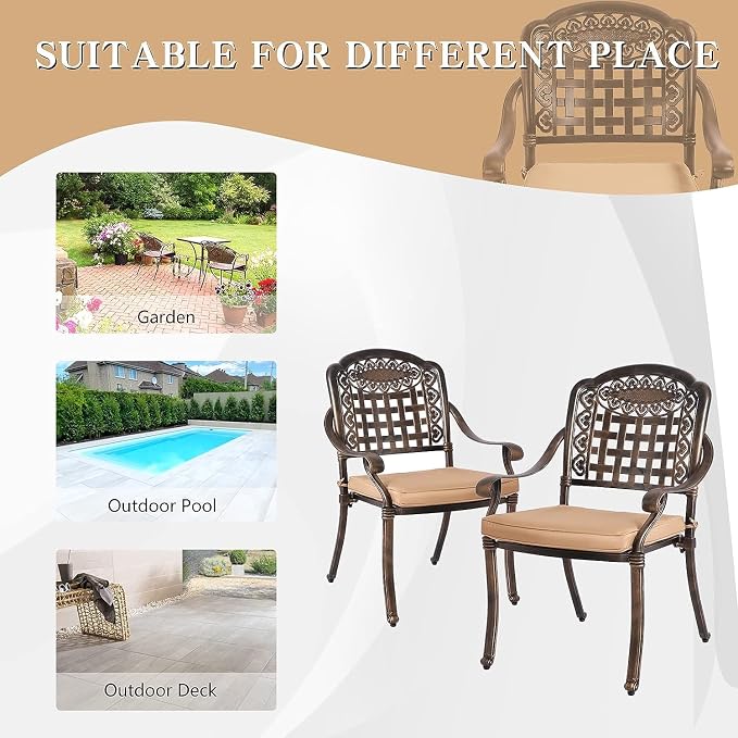 TITIMO 7-Piece Cast Aluminum Patio Furniture Set, Outdoor Patio Dining Set Bistro Conversation Set, All-Weather Rectangular Table w/Umbrella Hole (Khaki-Fixed Grid Chair, 7 Pcs)