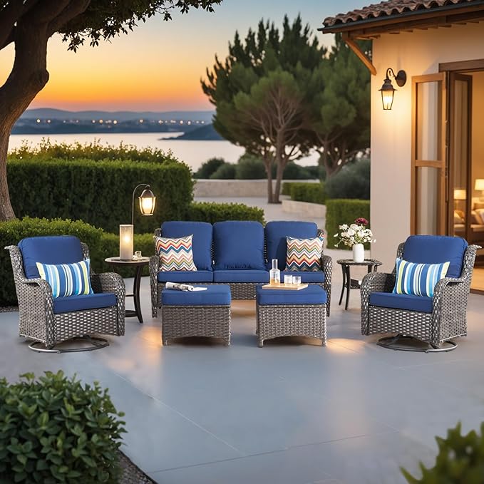 ovios 6-Piece Patio Furniture with Swivel Chairs, Outdoor Wicker Sofa Couch Gliders Rocker Comfy Cushions, High Back Modern Conversation, Brown Rattan, Navy Blue
