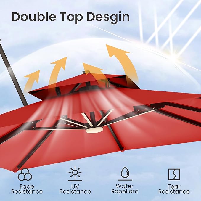 9x12 FT Cantilever Patio Umbrella with Led Lights Double Top Outdoor Rectangular Large Heavy Duty Aluminum Offset Umbrellas with 7 Level Tilt 360-degree Rotation for Pool Garden Deck, Wine Red