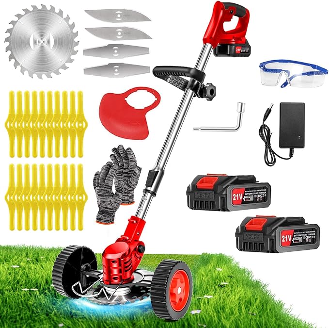 21V Cordless Weed Wacker with Wheels, 3-in-1 String Trimmer/Lawn Edger/Brush Cutter, 2x2.0Ah Battery & 3 Blades, Adjustable Height, Lightweight & Easy for Thick Weeds & Small Yards – Homeowner