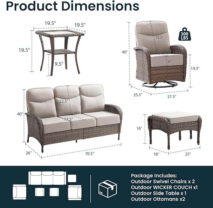 High Back Luxury Patio Furniture Set with 6-inch Thick Cushion, Swivel Rocker Patio Chairs with Outdoor Couch, 6 Piece Wicker Conversation Set for Deck Yard Garden Balcony Beige Cushion