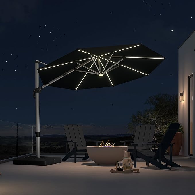 PURPLE LEAF 10ft Patio Umbrella with Lights Outdoor Round Cantilever Solar Powered LED Umbrella with 360-degree Rotation for Garden Deck Pool Patio, Black
