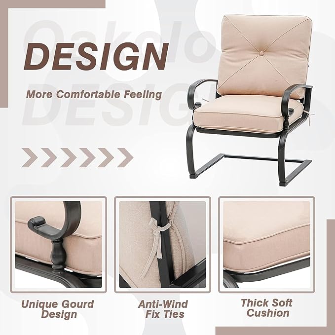 4 Pieces Metal Outdoor Furniture Patio Conversation Set, Glider Chairs Set with Round Side Table, Spring Lounge Chair Sets Metal Frame Wrought Iron Look (Brown)
