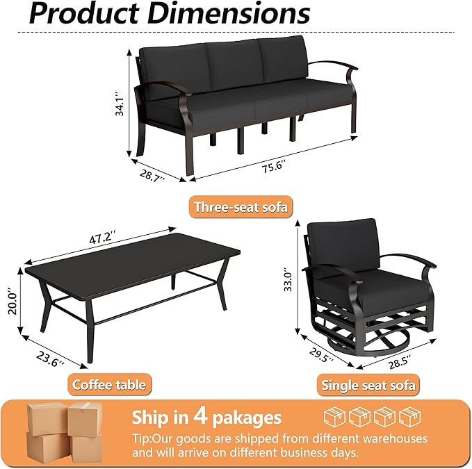 Aluminum Patio Furniture Set with Coffee Table,5 Seats Metal Modern Outdoor Furniture Set w/5.1" Thick Cushions,Patio Sectional w/Swivel Chairs for Backyard,Patio,Black
