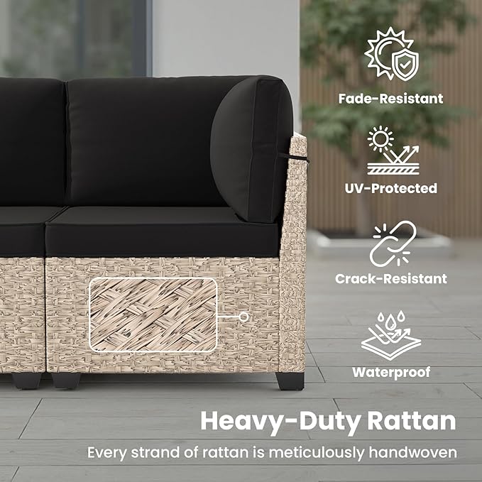 Soohow 7-Piece Patio Furniture Set, Outdoor Sectional All-Weather Wicker Patio Conversation Set for Garden, Porch, Backyard - Black Cushions