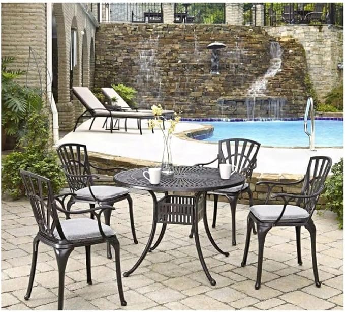 Homestyles 5 Piece cast Aluminum Frame Outdoor Patio Dining Set for 4, 42" Round Dining Table with Umbrella Hole and 4 Outdoor Dining Chairs, Patio Table and Chair Furniture Dining Set for 4 Person