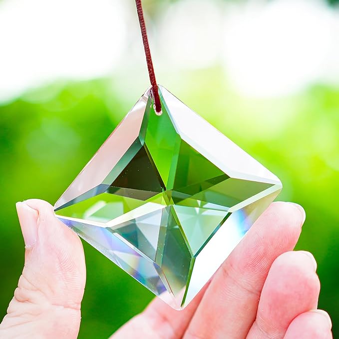 YU FENG 2 Inch Square Clear Crystal Prism Suncatcher, Rainbow Maker | Faceted Crystal Pendant, Chandelier Ornament, Window Hanging Decor, Light Catcher Decoration