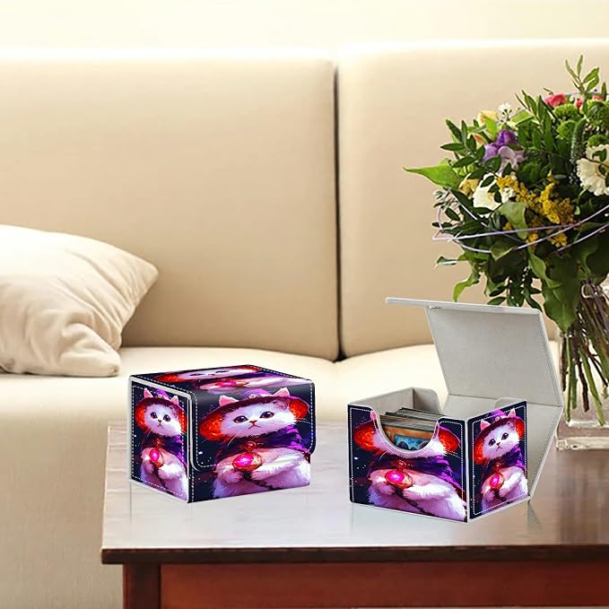 Card Deck Box for MTG, Cards Storage Box Fits 120+ Sleeved, Leather Small Size Strong Magnetic Closing Card Case for Board Games Magic TCG CCG Baseball Collection, Purple White Cat