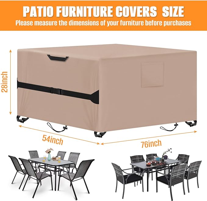 Kovshuiwe Rectangular Patio Heavy Duty Table Cover -Garden Furniture Covers for Shade and Rain, 600D Oxford Cloth Waterproof Outdoor Dining Table and Chairs Furniture Cover 76" L x 54" W x28 H,Khaki