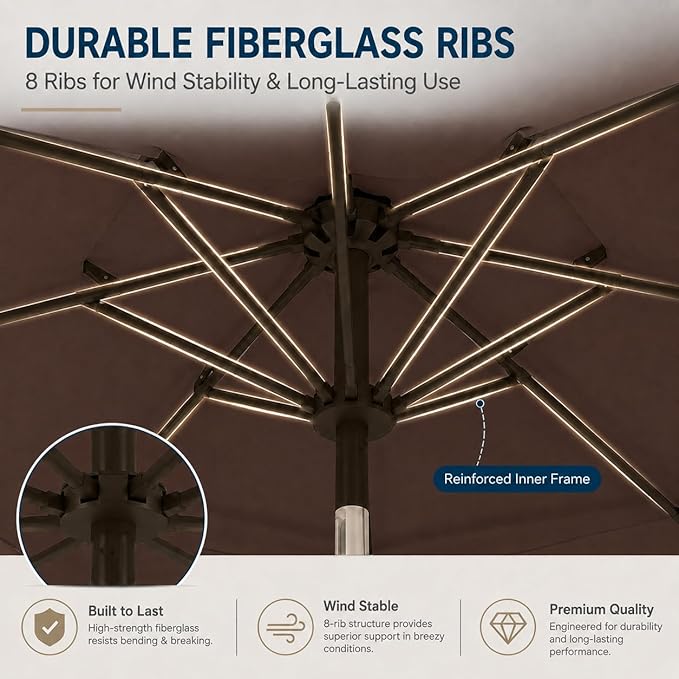 10ft Patio Umbrella, 3-Tier Vented Outdoor Table Umbrella with 8 Sturdy Fiberglass Ribs, Windproof Market Umbrella with Push Button Tilt and Crank, UV Protection for Deck, Pool, Brown