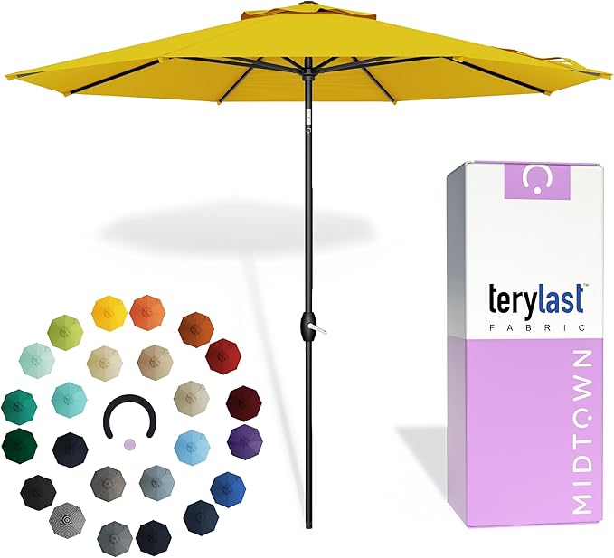 Midtown Umbrellas - 10-Year-No-Fade 9 Ft Patio Umbrella with Terylast Fabric, Auto-Tilt Aluminum Frame and 8 Reinforced Ribs for Deck, Pool, Garden & Beach - Sunflower Yellow Canopy, Black Pole
