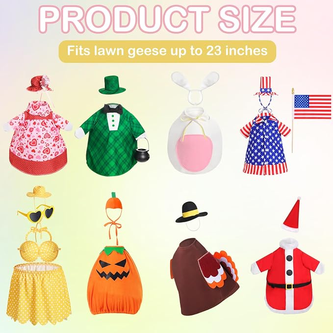 FuWeave 8 Set Holiday Porch Goose Outfits 23'' Goose Clothes Summer Fall Halloween Christmas Winter Thanksgiving Valentine St. Patrick Easter 4th of July Lawn Porch Geese Costume for Patio Yard Decor