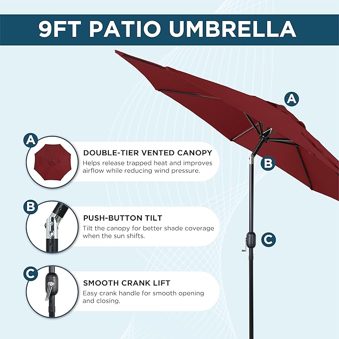 9FT Outdoor Patio Umbrella with Push Button Tilt and Crank, Market Umbrella, 8 Heavy-Duty Ribs, Outdoor Table Umbrella for Garden, Deck, Poolside & Backyard