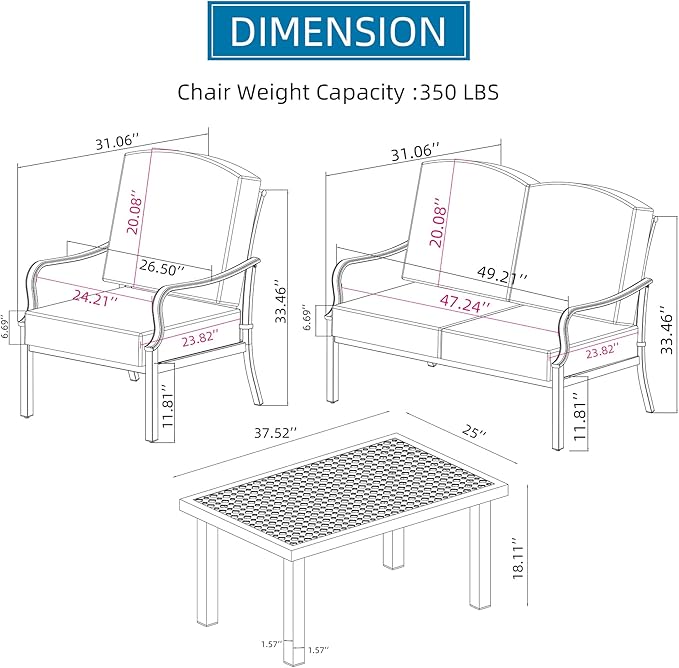 Domi Patio Conversation Set 4 Pieces, Metal Outdoor Patio Furniture with Coffee Table, All-Weather Modern Deep Seating Sofa Set with Cushions (Spring Coil Seat Cushion) -Beige
