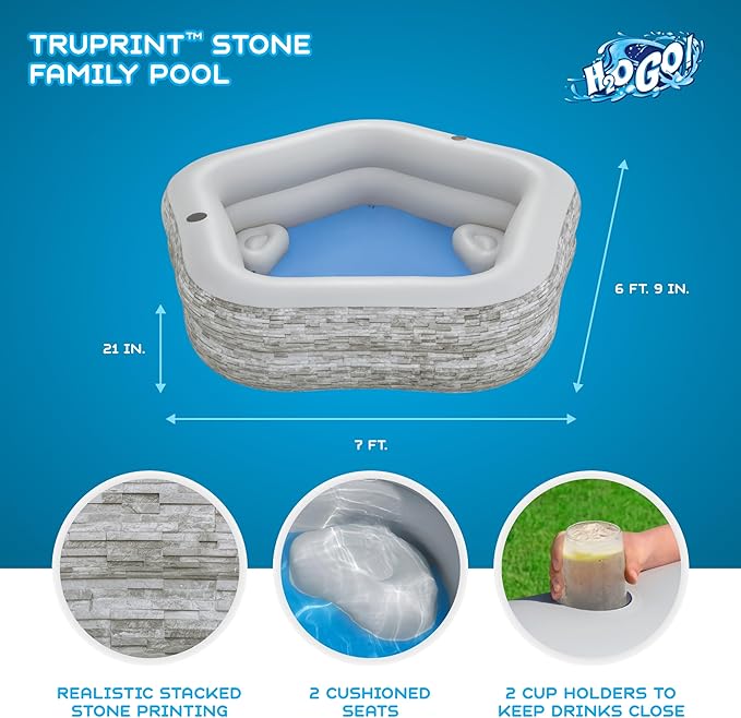 H20GO! TruPrint Stone Inflatable Family Swimming Pool, 7' x 6'9" x 21", with 2 Cup Holders and 2 Cushioned Seats for Kids 6 and Up, Gray