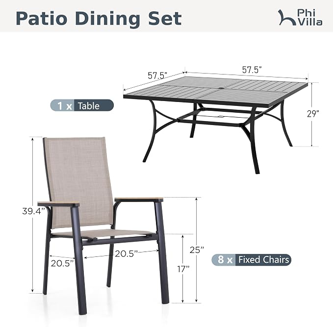 PHI VILLA Outdoor Dining Set for 8 w/Square Table & Aluminum Chairs, Beige | Stackbale chairs, Breathable & quick-drying sling, Light-weight & space-saving, Metal Table, Umbrella Hole, Patio deck