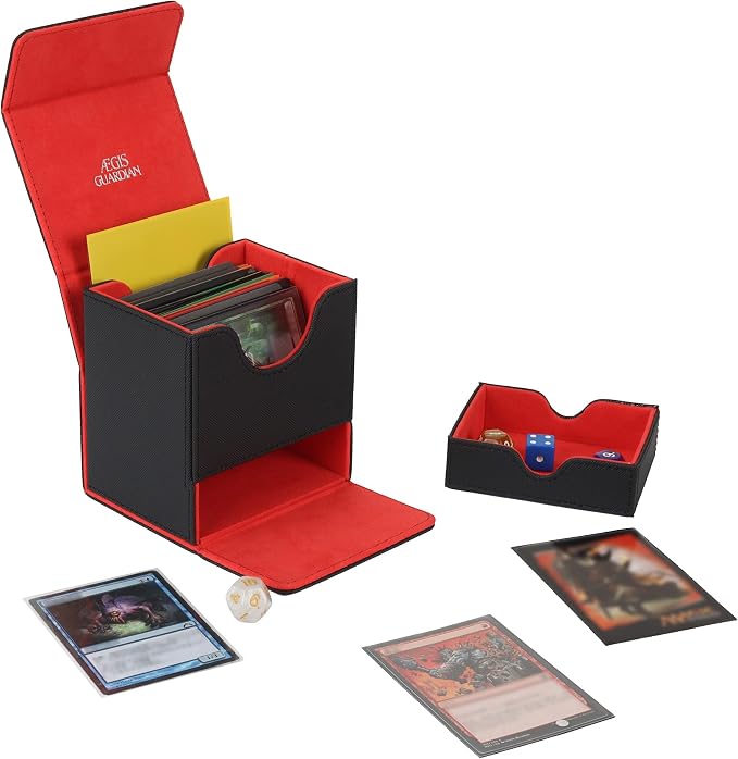AEGIS GUARDIAN Card Deck Box with Dice Tray for MTG Cards, Commander Deck Box fit 150+ Sleeved Cards, PU Leather Card Storage Box Strong Magnet Deck Game Case for TCG CCG, Red Ineer