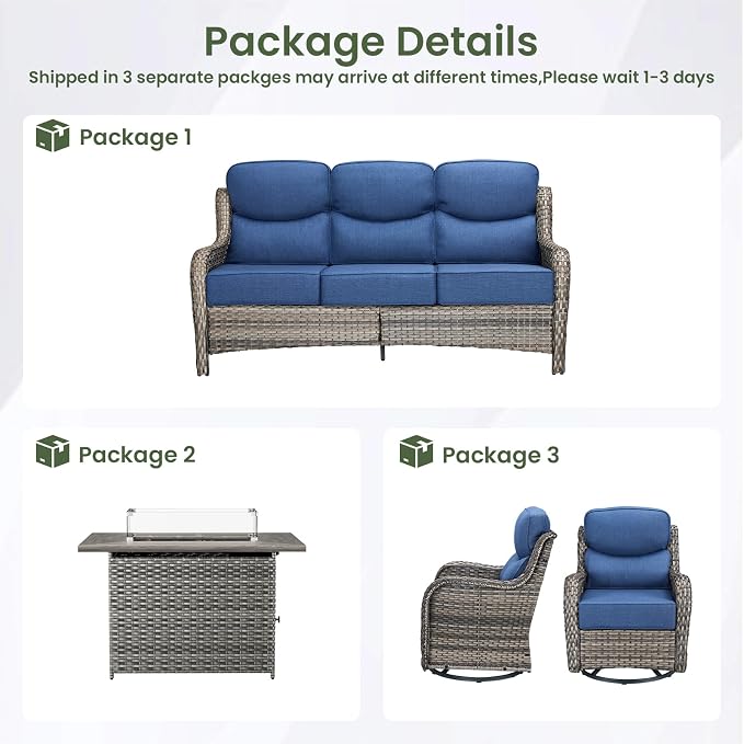 Luxury Patio Furniture Set with 6-inch Thick Cushion, Outdoor Furniture with Fire Pit Table, Swivel Chairs, Sofa, 4pcs Wicker Conversation Set for Deck Yard and Poolside Grey Wicker | Blue Cushion