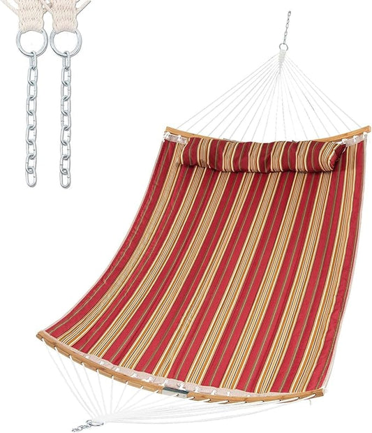 Happygrill Outdoor Hammock with Detachable Pillow, Curved Bamboo Spreader Bars and Hand-Woven Ropes, 2 Person Hammock