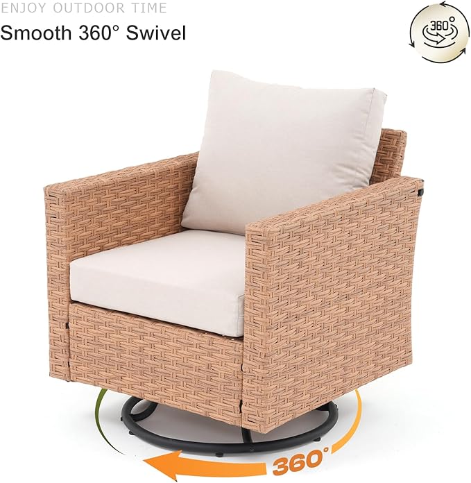 SUNSITT Patio Swivel Rocker Chair, Wicker Swivel Chairs Outdoor Seating Furniture with Thick Comfy Cushions, for Porch, Balcony, Deck, Natural Rattan Color