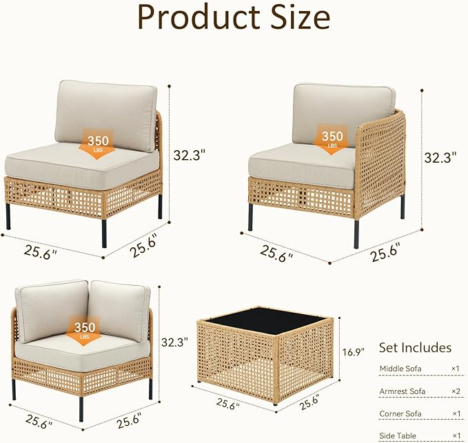 Belord Outdoor Sectional Furniture 5-Piece, All-Weather Wicker Patio Sets with Coffee Table, Modern Patio Furniture for Backyard, Deck