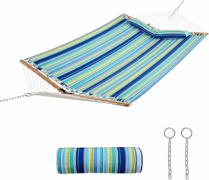 GYMAX Hammock, Portable Hammocks with Spreader Bars & Detachable Pillow, Quick Dry Adjustable Folding Camping Hammock for Outdoor Patio Beach Picnic Poolside