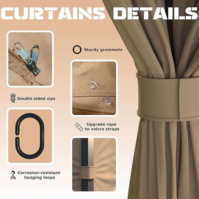 Upgraded 10’x12’ 4-Side Wall Gazebo Privacy Curtains with Zipper for Lowe's Allen Roth #GF-12S004B-1 / GF-12S004BTO / TPGAZ17-002, 4-Panels Curtains Replacement for 10-ft x 12-ft Gazebo (Khaki)