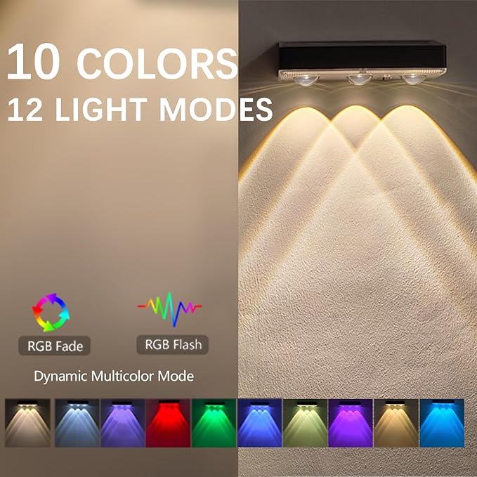 Solar Fence Lights Outdoor Waterproof，12pack High Brightness LED Spot Lens Deck Lights 10 Mode & RGB Solar Powered Wall Lighting Decor for Outside Wall, Deck, Patio, Yard, (Black-3lens, 12 pack)