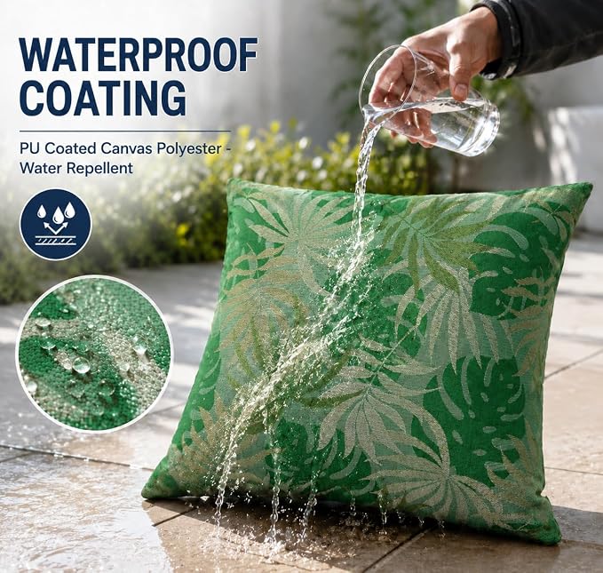 Outdoor Pillow Covers Waterproof Throw Pillow Covers, Set of 2 Jacquard Texture Water Resistant Fade Resistant Decorative Cushion Covers for Garden Patio Bench Couch Sofa, 18x18 Inch(Emerald)