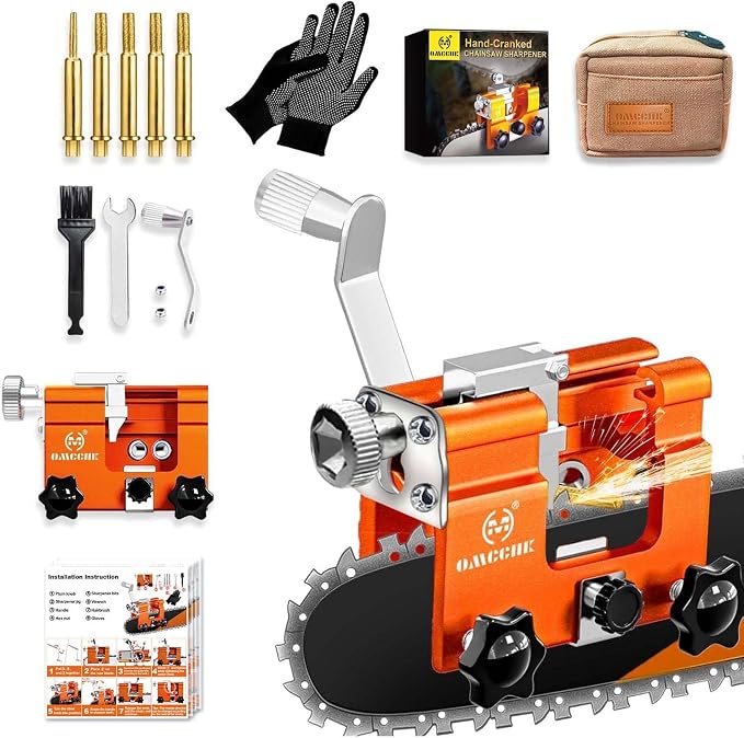 Chainsaw Sharpener Jig with 5 High Hardness Titanium Plated Diamond Bits & Carry Bag, Hand Crank Portable Sharpening Kit Tool Accessories for 4" - 22" Chain Saw Sharpening