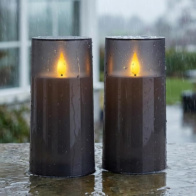 Homemory 3"×6" Battery Candles with Remote & Timer,Gray Acrylic Realistic Flickering LED Pillar Candles, Waterproof Fake Candle for Home and Lantern Decor, Set of 2