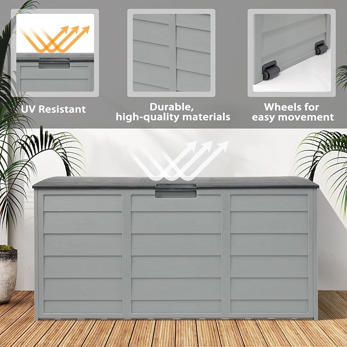 CrownLand 75 Gallon Outdoor Storage Deck Box Upgraded Patio Sun-proof Woodgrain Patio Storage Box for Patio, Garden, Balcony(Grey), Gray
