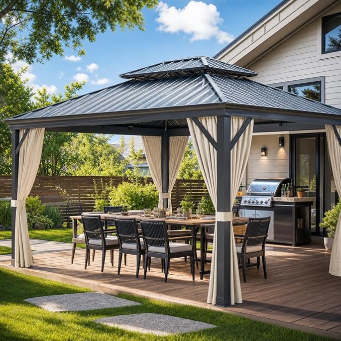12'X14' Hardtop Gazebo, Metal Double Roof Aluminum Gazebos with Curtain and Netting, Permanent Galvanized Steel Pavilion, Heavy Duty Poles for Patio, Deck, Backyard, Lawn, Garden, Brown