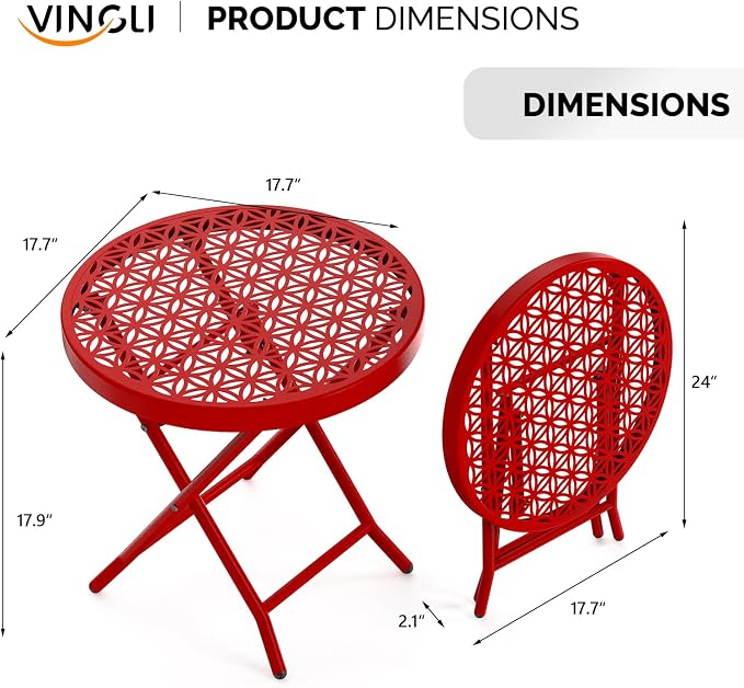 VINGLI Patio Folding Side Table, Small Outdoor Table with Everlasting Floral Pattern and Sturdy X-Shaped Metal Frame Ideal for Indoor & Outdoor Balcony, Porch, Backyard, Deck, Red, 1 Pack