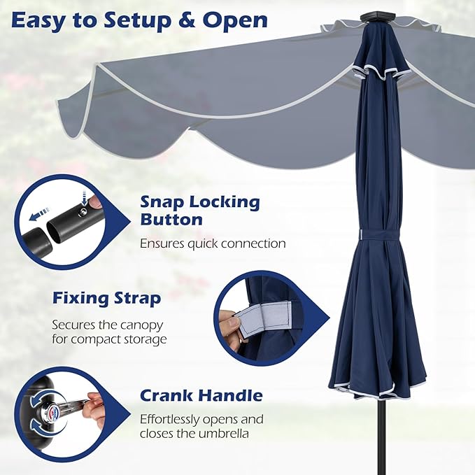 Tangkula 9 FT Solar Patio Umbrella, 2-Tiers Outdoor Scalloped Table Umbrella with 24 LED Lights, Tilt Adjustment, Crank, 8 Ribs for Market Backyard Pool Deck Beach Lawn