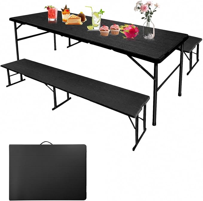 Picnic Table Set with 2 Benches, 5.8FT Portable Folding Picnic Table for Indoor Outdoor, Camping Patio Dining, Heavy Duty Metal Frame, Compact Carry for Backyard, Black