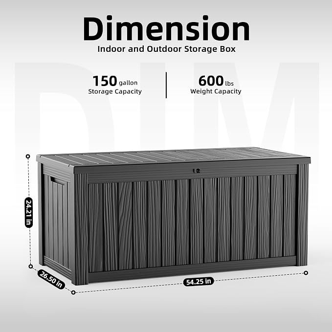 DRATO 150 Gallon Outdoor Storage Box Waterproof, Large Resin Lockable Outdoor Deck Box with Lid, Weatherproof Container for Patio Furniture Cushions, Garden Tools, Pool Accessories (Black, 150 Gallon)