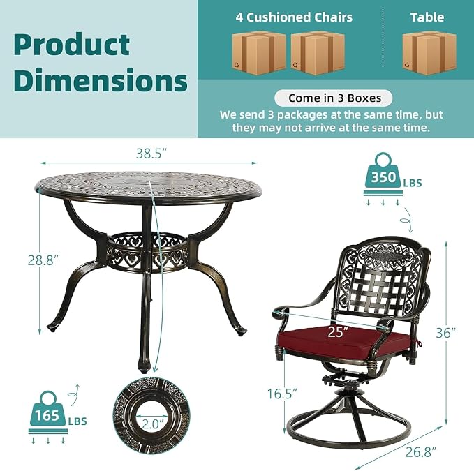 MEETWARM 5-Piece Outdoor Patio Dining Set, All-Weather Cast Aluminum Patio Conversation Set with 4 Cushions Swivel Rocker Chairs for Garden Backyard Deck and 38.5" Round Table, Chili Red