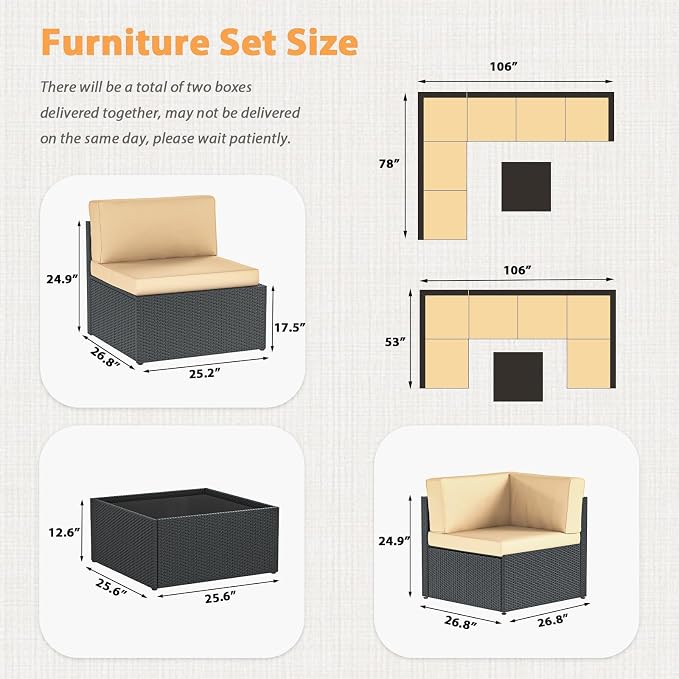 AECOJOY 7 Piece Outdoor Patio Furniture Set, Outdoor Sectional Conversation Furniture Chair with Coffee Table,Patio Sectional for Garden,Backyard(Khaki Cushions and Black PE Rattan, with Cover)