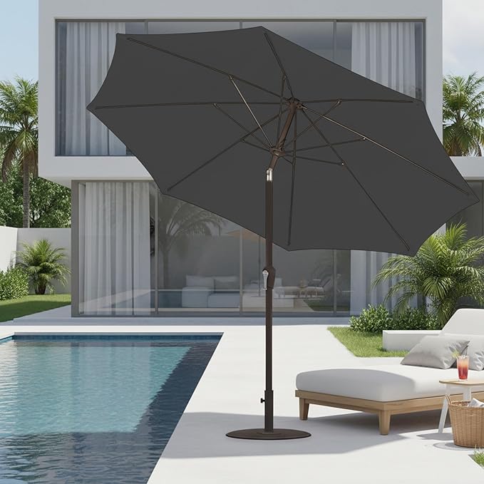 9ft Patio Umbrella with Push Button Tilt and Crank,Outdoor Market Table Umbrella UV Protection 8 Sturdy Ribs for Backyard,Garden,Pool,Deck(Gray)