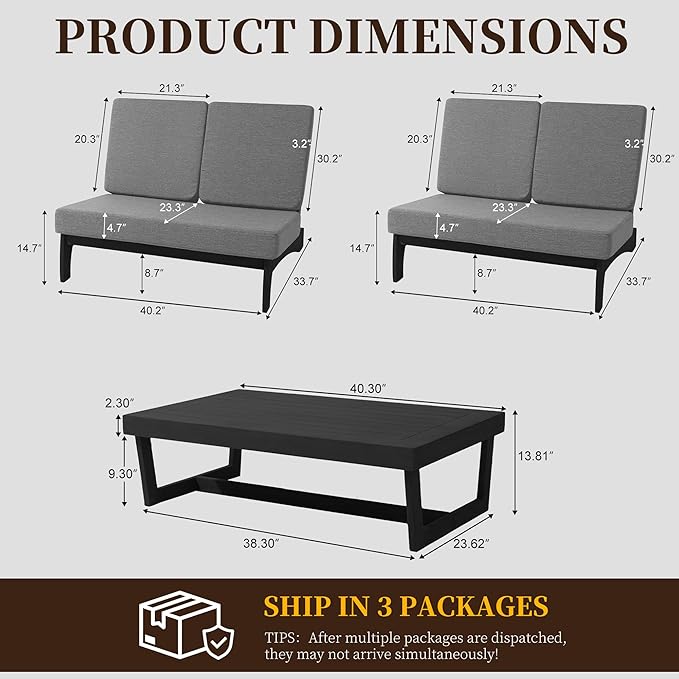 UIXE All Weather Patio Furniture Sets, 3 Pieces Black Wood Patio Loveseat Sofa Outdoor Sectional Futniture Backyard Conversation Set with Solid Wooden Coffee Table - Grey