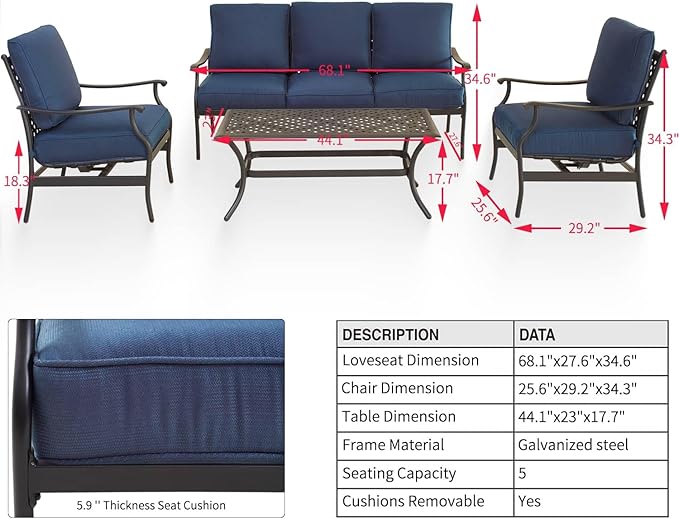 PatioFestival Patio Conversation Set 4Pcs Cushioned Outdoor Furniture Sets Patio Seating with All Weather Galvanized Steel Frame (Blue)