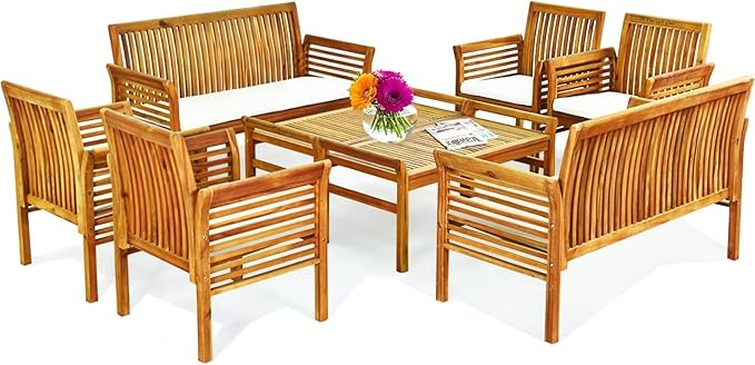 4 Piece Patio Conversation Sets, Acacia Padded Outside Furniture w/Removable & Washable Cushions, Slatted Design, Patio Furniture Set for Deck, Porch, Lawn, Poolside, Backyard (2)