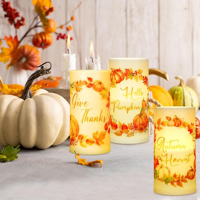 Retisee 3 Pcs Thanksgiving Flameless LED Candles Pumpkin Wreath Battery Operated Candles with Remote Thanksgiving Pumpkin Decor for Table Centerpiece Bedroom Living Room Fall Autumn Decorations