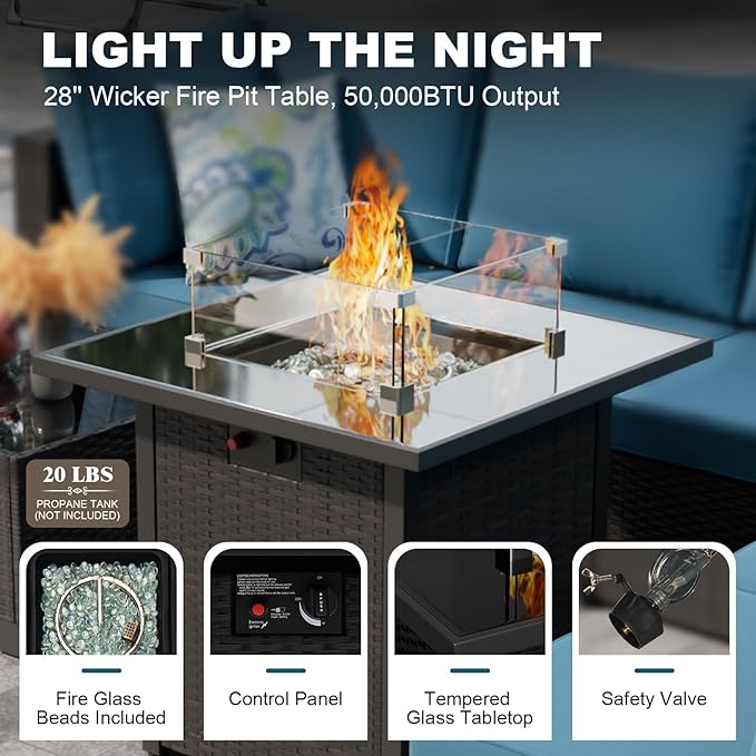 8 Piece Outdoor Patio Furniture Set with Fire Pit Table, Wicker Sectional Sofa Set with Thick Cushions, Perfect for Garden Lawn Pool or Backyard, (Brown/Peacock Blue)