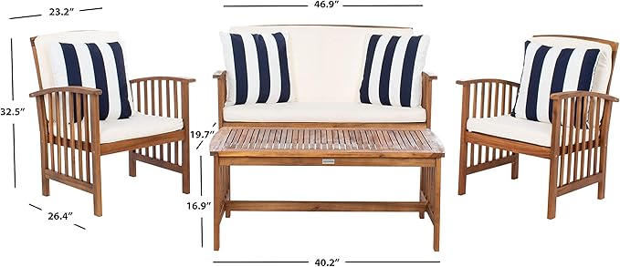 SAFAVIEH Outdoor Collection Rocklin Natural/ Beige Cushions/ Thick Stripe Pillows 4-Piece Conversation Patio Set