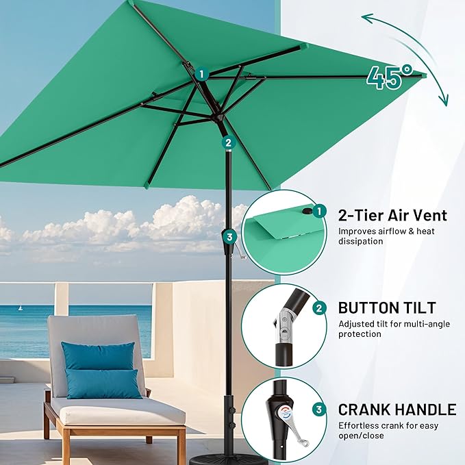AreShark 6.5'x10' 2 Tiers Rectangular Patio Umbrella - Outdoor Umbrella Waterproof UV Protection, Market Table Umbrella w/Push Button Tilt for Pool, Lawn, Balcony(Turquoise)
